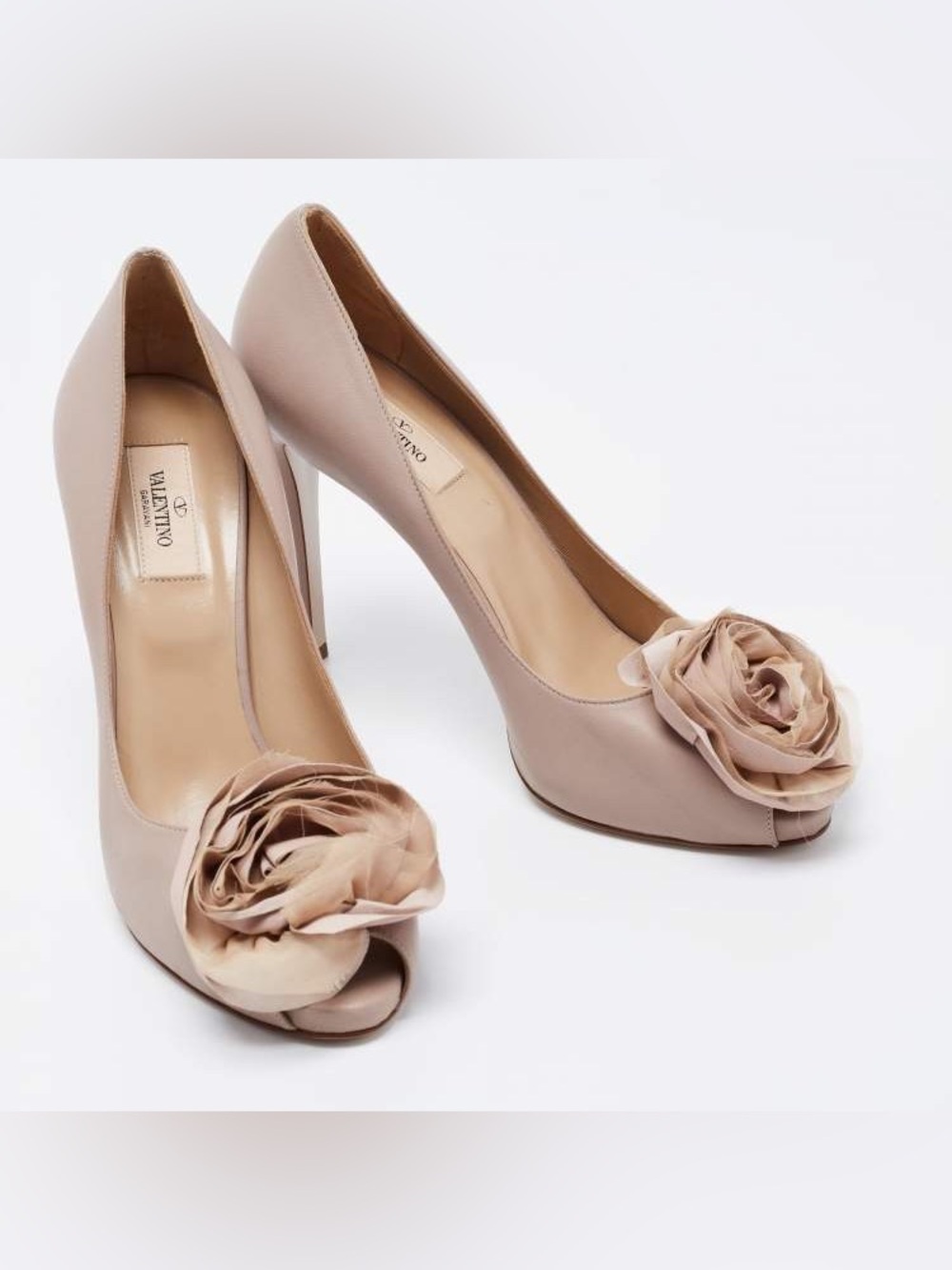 Valentino Garavani Silk Rose Neutral Beige Peep Toe heels